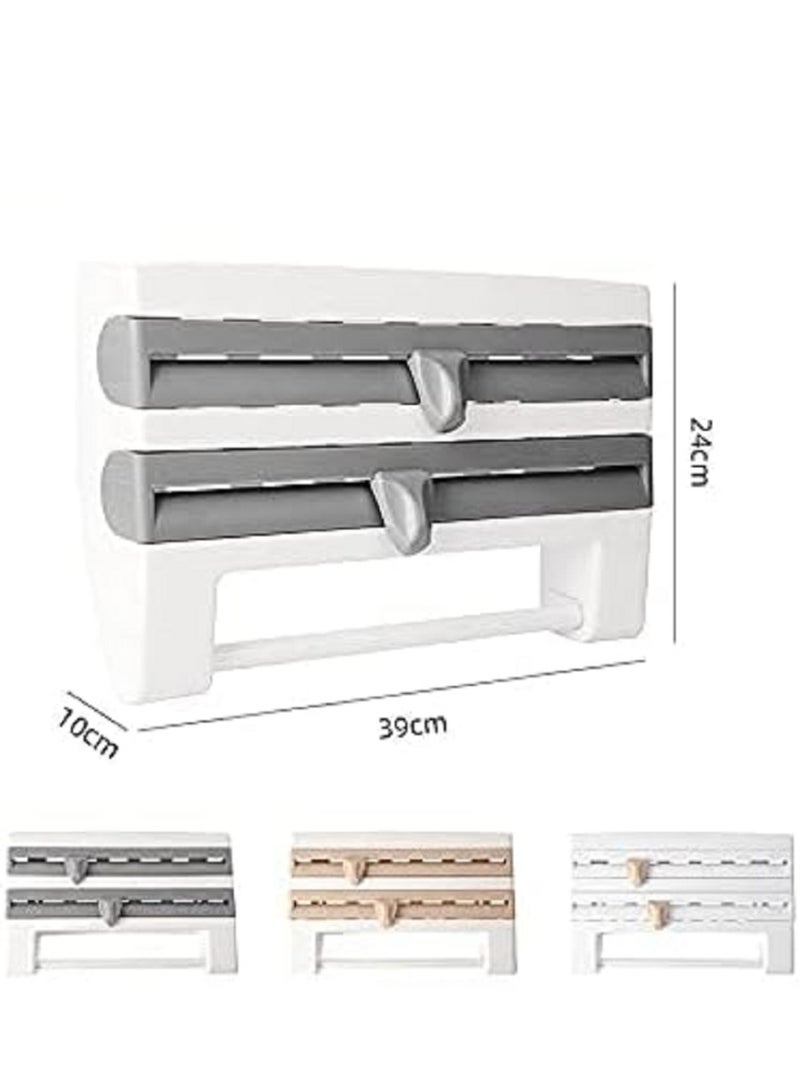 موزع تغليف بلاستيكي 4 في 1 مثبت على الحائط يشمل قطاعة، لفائف مطبخ، وحامل صوص لتسهيل التحضير والتنظيم. - Image 3