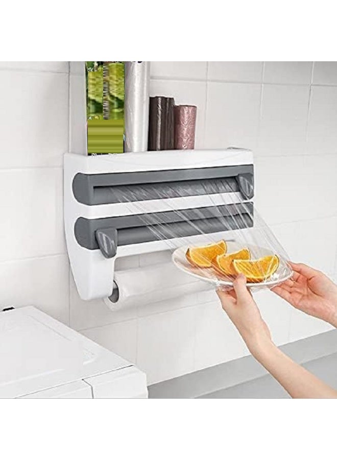 موزع تغليف بلاستيكي 4 في 1 مثبت على الحائط يشمل قطاعة، لفائف مطبخ، وحامل صوص لتسهيل التحضير والتنظيم. - Image 2