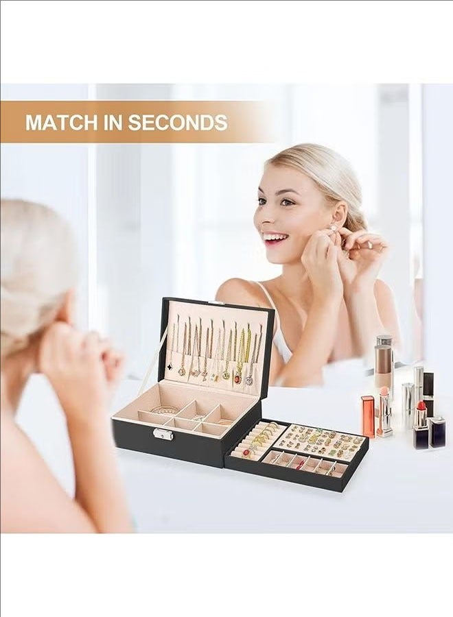 BLOOMING TIME Large Space And Large Capacity Women's Jewelry Box, 2-Layer Jewelry Storage Container, With Lock, PU Leather Storage Box, Detachable Tray, Jewelry Display Stand, Necklace Earrings, Bracelet, Ring Watch, Black - Image 2