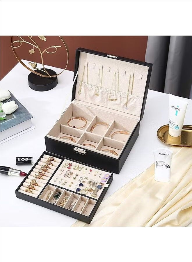 BLOOMING TIME Large Space And Large Capacity Women's Jewelry Box, 2-Layer Jewelry Storage Container, With Lock, PU Leather Storage Box, Detachable Tray, Jewelry Display Stand, Necklace Earrings, Bracelet, Ring Watch, Black - Image 3