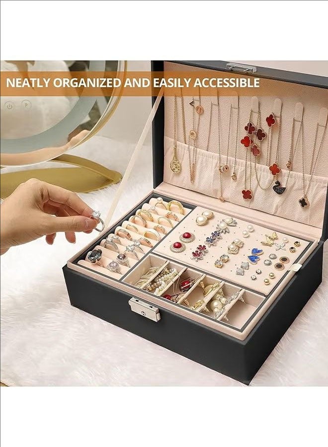BLOOMING TIME Large Space And Large Capacity Women's Jewelry Box, 2-Layer Jewelry Storage Container, With Lock, PU Leather Storage Box, Detachable Tray, Jewelry Display Stand, Necklace Earrings, Bracelet, Ring Watch, Black - Image 4