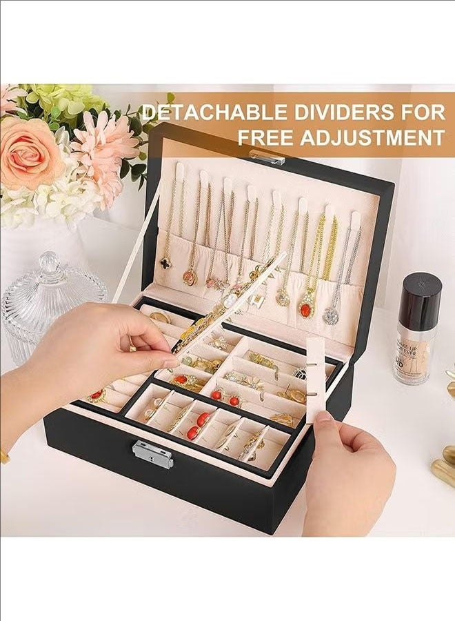 BLOOMING TIME Large Space And Large Capacity Women's Jewelry Box, 2-Layer Jewelry Storage Container, With Lock, PU Leather Storage Box, Detachable Tray, Jewelry Display Stand, Necklace Earrings, Bracelet, Ring Watch, Black - Image 5