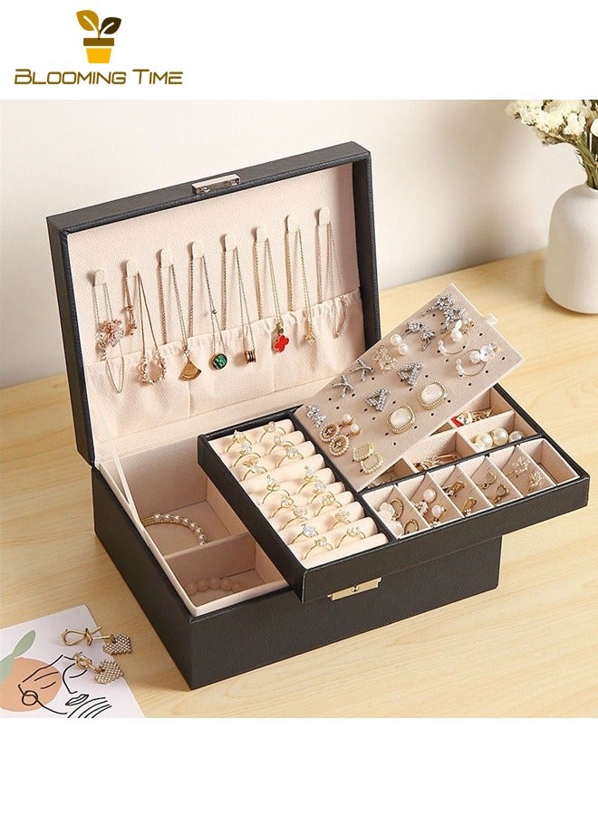 BLOOMING TIME Large Space And Large Capacity Women's Jewelry Box, 2-Layer Jewelry Storage Container, With Lock, PU Leather Storage Box, Detachable Tray, Jewelry Display Stand, Necklace Earrings, Bracelet, Ring Watch, Black - Image 1