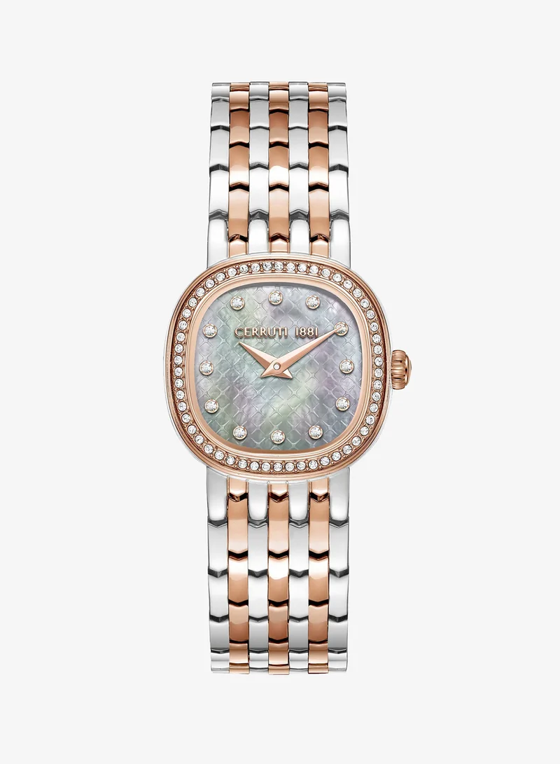 CERRUTI 1881 Gresta Analog Women's Watch - White Mother of Pearl Dial, Two Tone Bracelet, Rose Gold Crystal Studded Topring