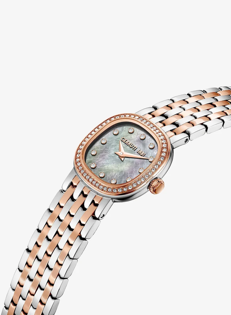 CERRUTI 1881 Gresta Analog Women's Watch - White Mother of Pearl Dial, Two Tone Bracelet, Rose Gold Crystal Studded Topring