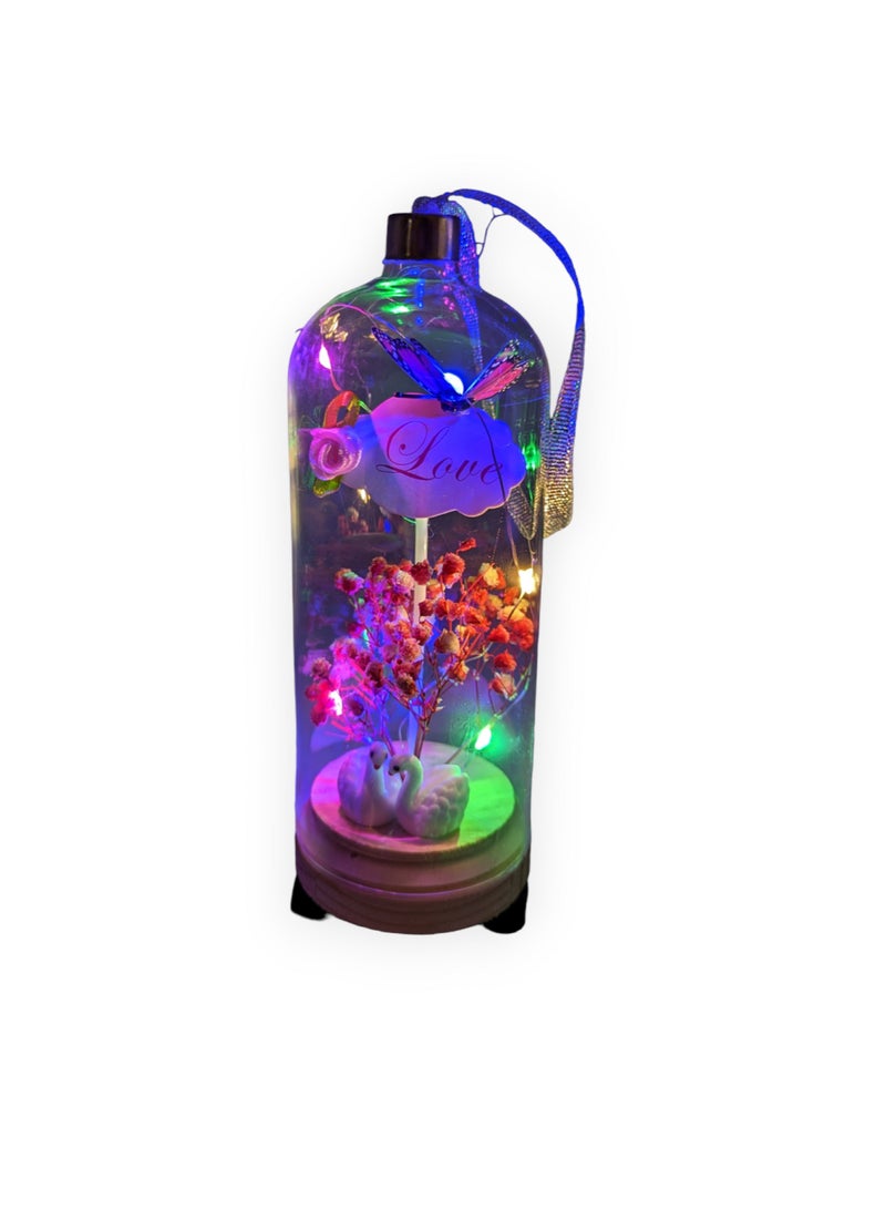 UNT Artificial Flowers and Love Birds In Glass Dome with LED Light - Image 4