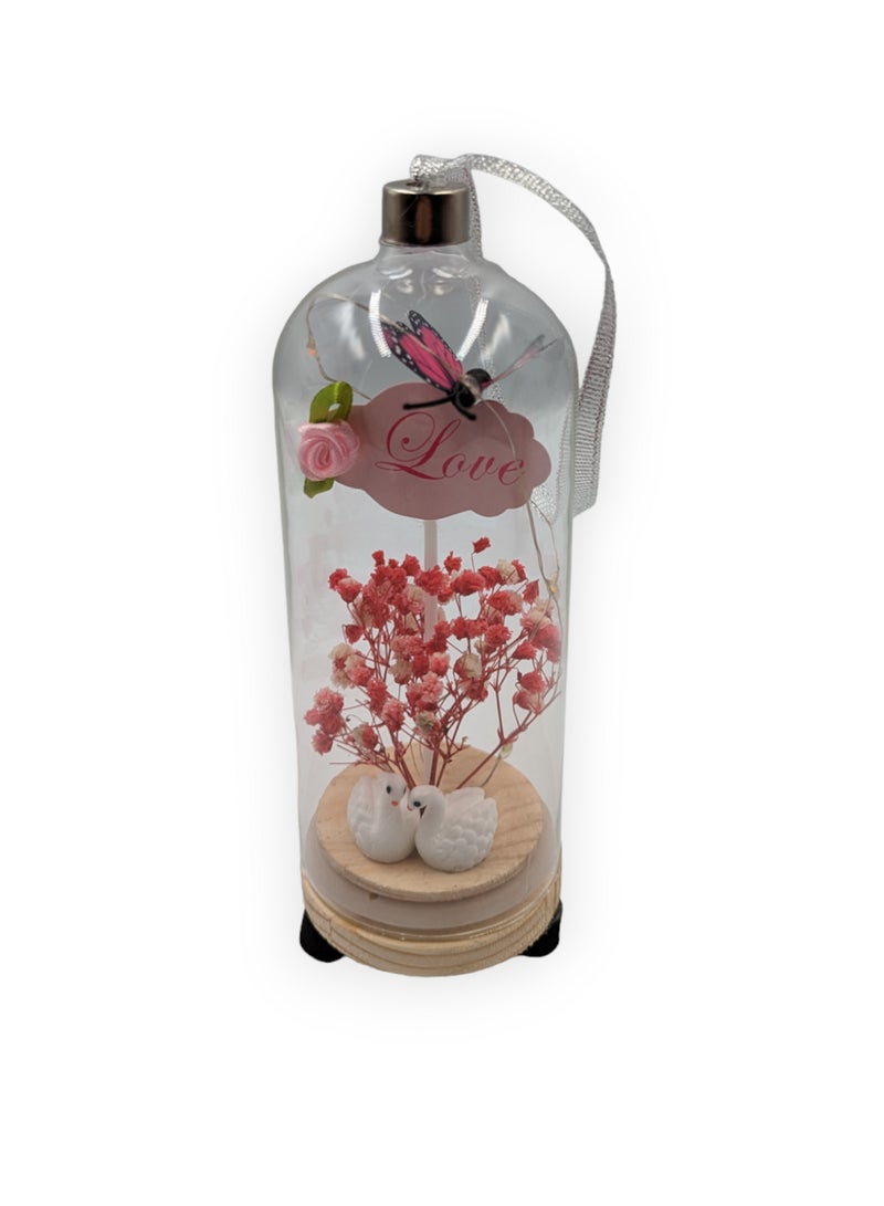 UNT Artificial Flowers and Love Birds In Glass Dome with LED Light - Image 2