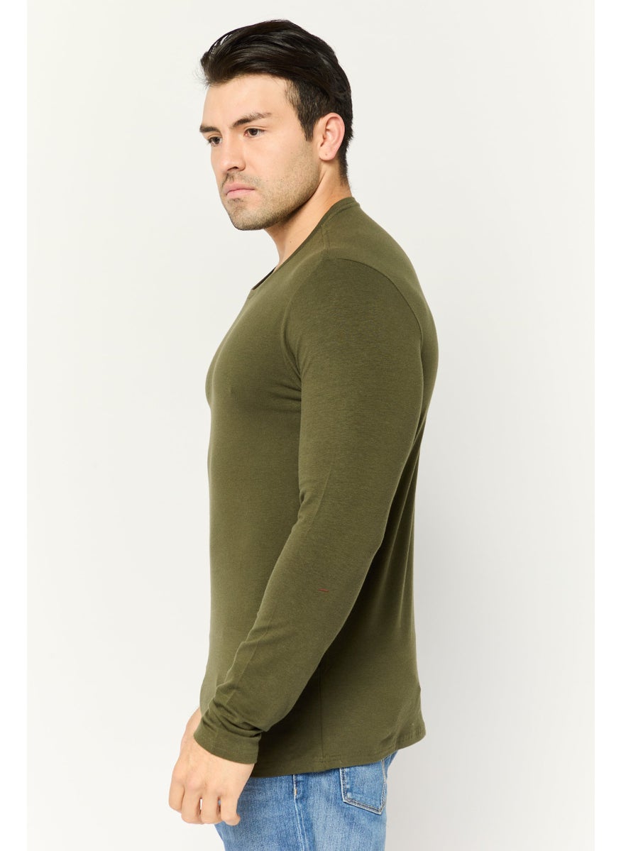 GAS Men Crew Neck Long Sleeves Brand Logo T-Shirt, Olive  - Image 3