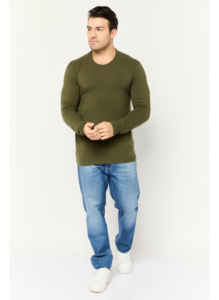GAS Men Crew Neck Long Sleeves Brand Logo T-Shirt, Olive  - Image 2