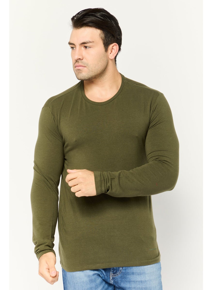 GAS Men Crew Neck Long Sleeves Brand Logo T-Shirt, Olive  - Image 1