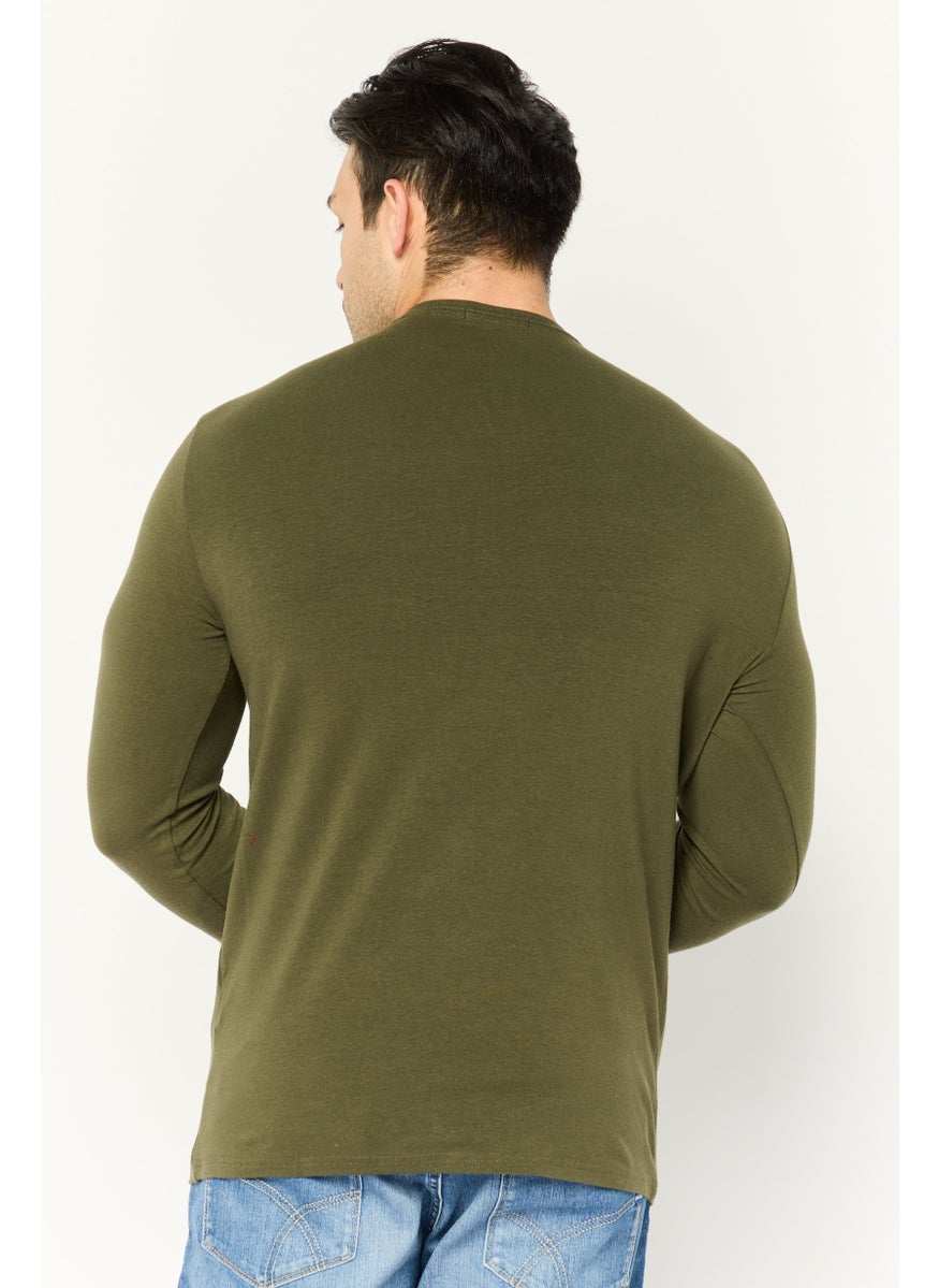 GAS Men Crew Neck Long Sleeves Brand Logo T-Shirt, Olive  - Image 4