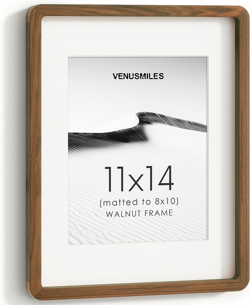 Venusmiles إطار صور 11x14 بوصة، خشب جوز طبيعي من الولايات المتحدة، إطار صور مجمّع مع زجاج مقسّى عالي الوضوح، إطار خشبي 11x14 مع حافة داخلية مقاس 8x10، تعليق عمودي وأفقي على الحائط - Image 1