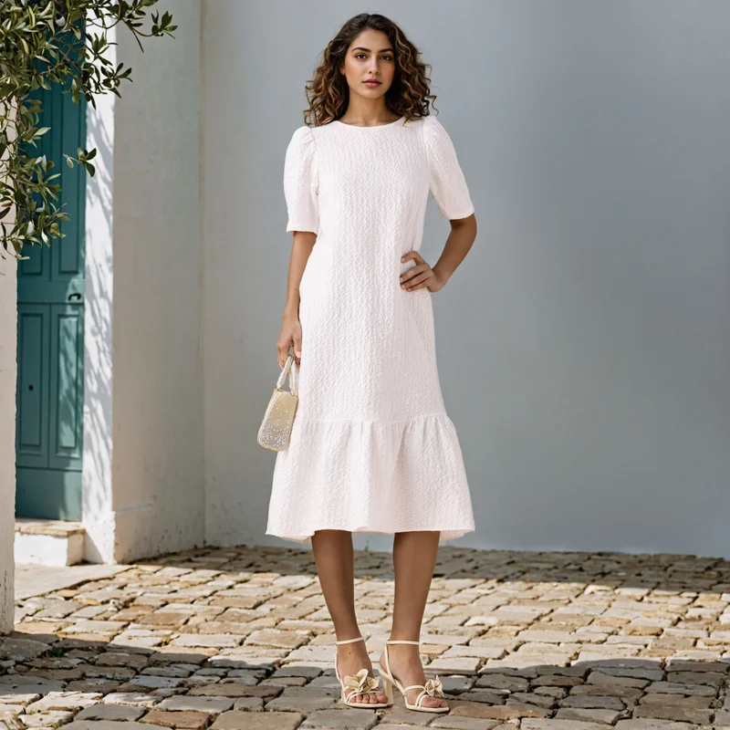 2Xtremz 2Xtremz Textured A-Line Midi Dress with Puff Sleeves