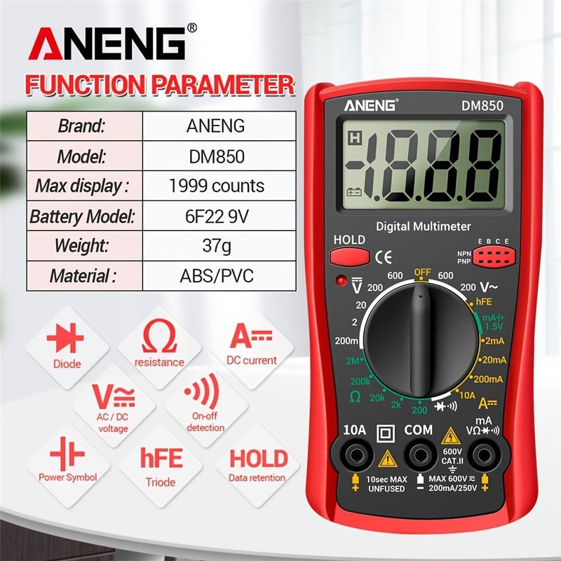 ANENG DM850 Yellow Digital Multimeter Automatic AC DC Voltage Ohm Tester Transistor Buzzer 1999 Counts - Image 2