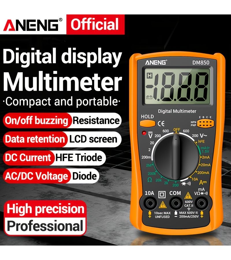ANENG DM850 Yellow Digital Multimeter Automatic AC DC Voltage Ohm Tester Transistor Buzzer 1999 Counts - Image 4