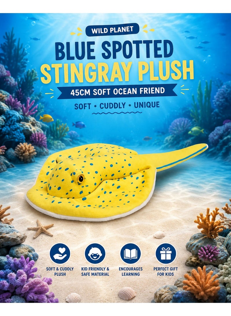 Wild Planet Blue Spotted Stingray Plush Toy 45cm Soft Ocean Stuffed Animal Realistic Marine Sea Ray Plush Pillow Cute Yellow Stingray Doll Cuddly Sea Creature Educational Wildlife Toy Gift for Kids Boys Girls Baby Ocean Lovers Bedroom Décor - Image 1