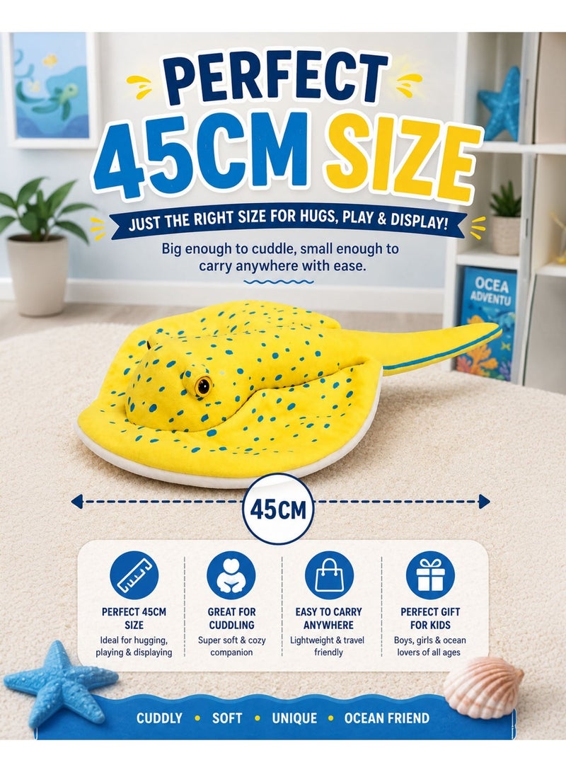 Wild Planet Blue Spotted Stingray Plush Toy 45cm Soft Ocean Stuffed Animal Realistic Marine Sea Ray Plush Pillow Cute Yellow Stingray Doll Cuddly Sea Creature Educational Wildlife Toy Gift for Kids Boys Girls Baby Ocean Lovers Bedroom Décor - Image 3