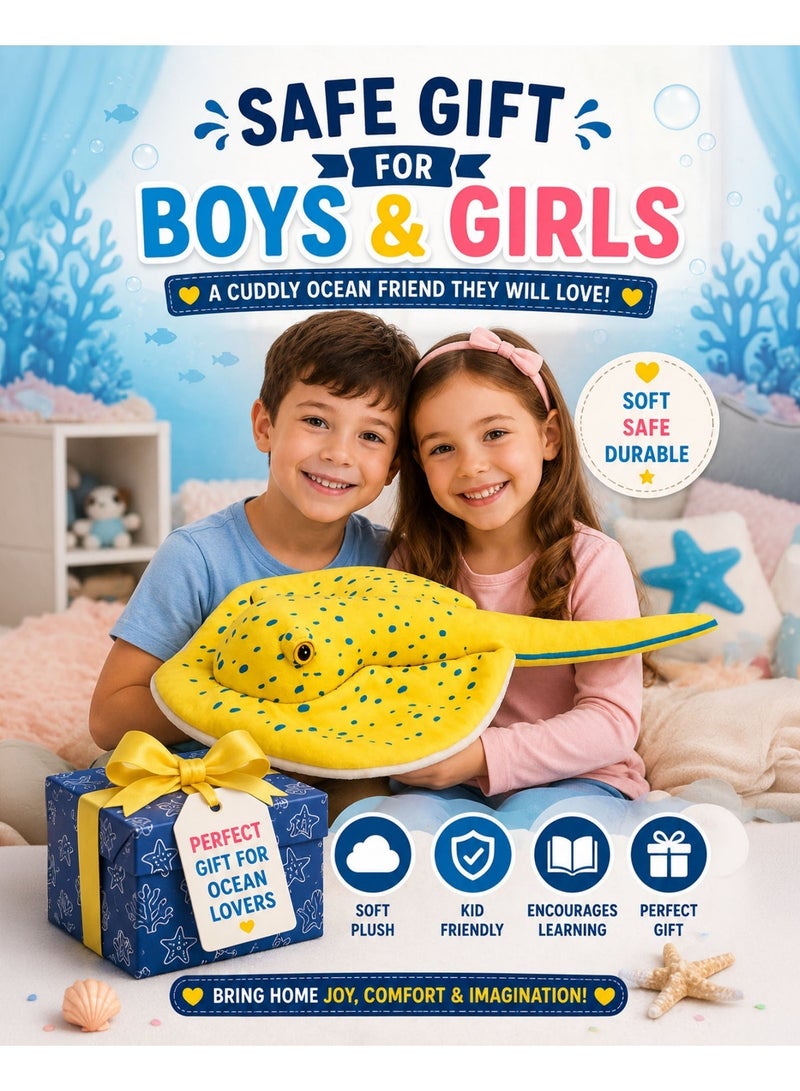 Wild Planet Blue Spotted Stingray Plush Toy 45cm Soft Ocean Stuffed Animal Realistic Marine Sea Ray Plush Pillow Cute Yellow Stingray Doll Cuddly Sea Creature Educational Wildlife Toy Gift for Kids Boys Girls Baby Ocean Lovers Bedroom Décor - Image 4