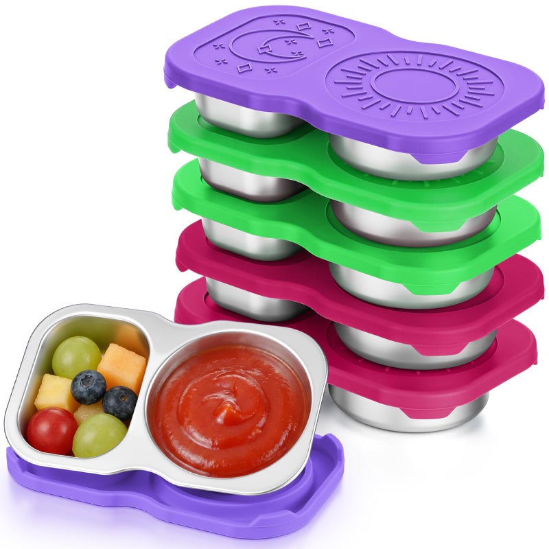 Ferrochef 6 Pack Stainless Steel Snack Containers with Lid 5 oz 2 Compartment Condiment Container Reusable Snack Lunch Box Accessories Salad Dressing Containers Outdoor Camping(Stylish Color) - Image 1