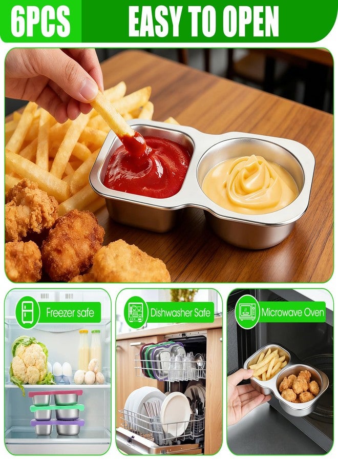 Ferrochef 6 Pack Stainless Steel Snack Containers with Lid 5 oz 2 Compartment Condiment Container Reusable Snack Lunch Box Accessories Salad Dressing Containers Outdoor Camping(Stylish Color) - Image 3