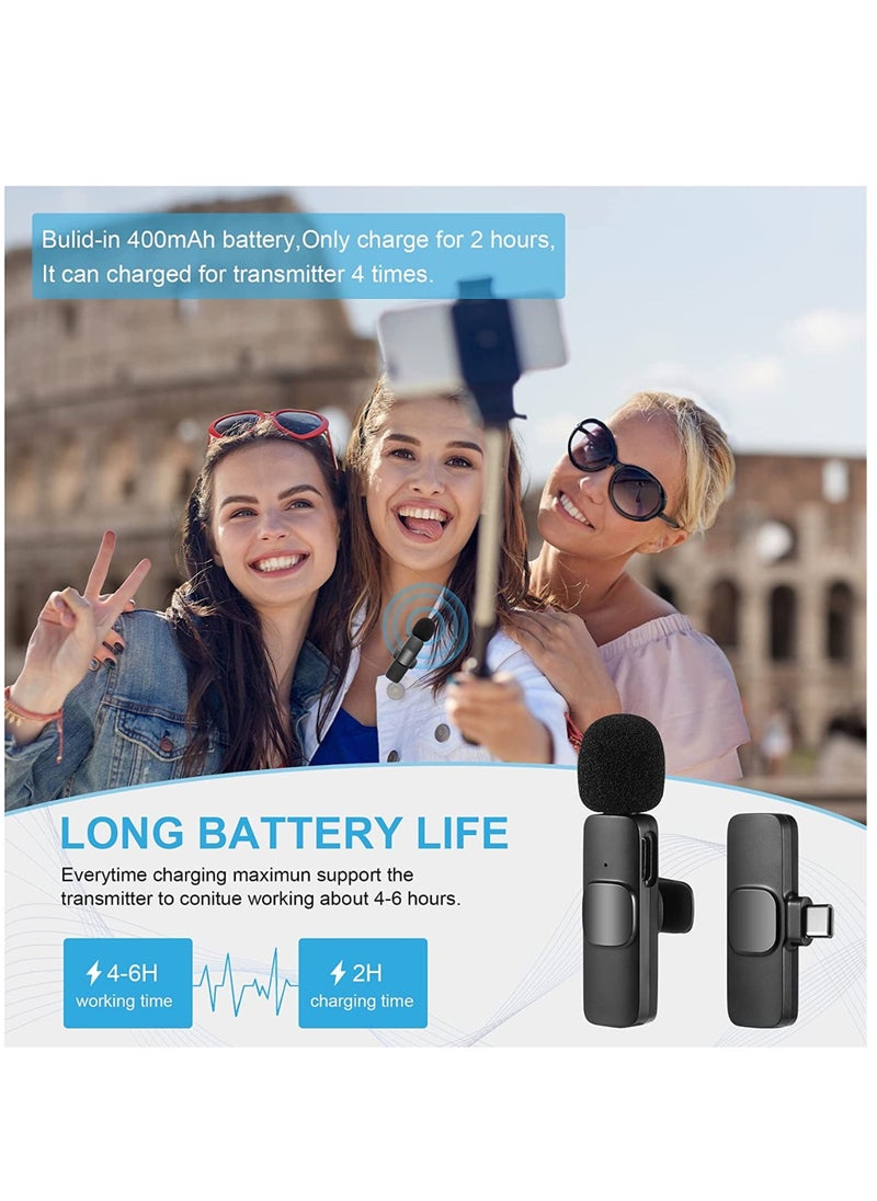 Wireless Lavalier Microphone for Type-C Phone, Plug-Play Wireless Mic with 2 Microphone for USB-C Android Phone Video Recording, Interview, Vlog, Auto Sync and Noise Reduction