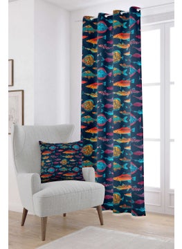 Cango Home Orange Navy Blue Fish Figured Digital Printed Curtain CGH236-PR 