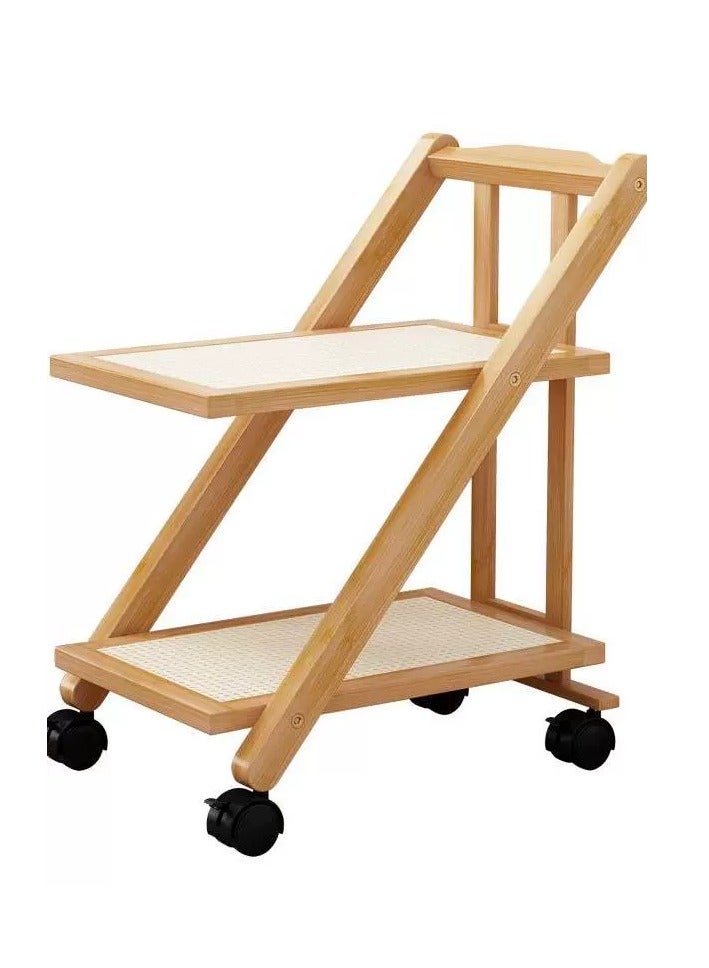 FFD Bamboo Kitchen Serving Cart 2-Tier Storage Rack with Foldable Design, Bottle Holder, and Movable Wheels - Ideal for Home and Bar Use - Image 1