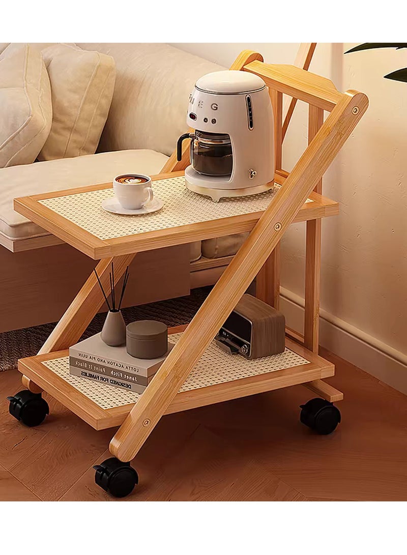 FFD Bamboo Kitchen Serving Cart 2-Tier Storage Rack with Foldable Design, Bottle Holder, and Movable Wheels - Ideal for Home and Bar Use - Image 3