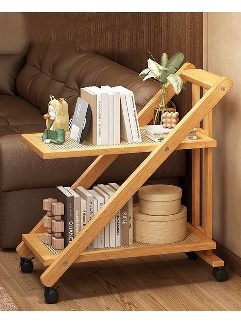 FFD Bamboo Kitchen Serving Cart 2-Tier Storage Rack with Foldable Design, Bottle Holder, and Movable Wheels - Ideal for Home and Bar Use - Image 4