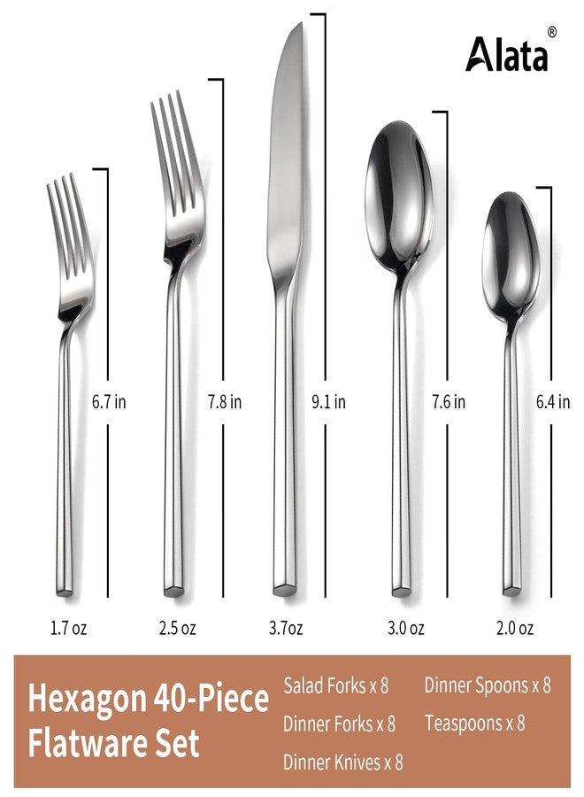 Alata Hexagon 40-Piece Forged Silverware Set Stainless Steel Flatware Set Cutlery Set,Service for 8,Mirror Finish,Dishwasher Safe - Image 3