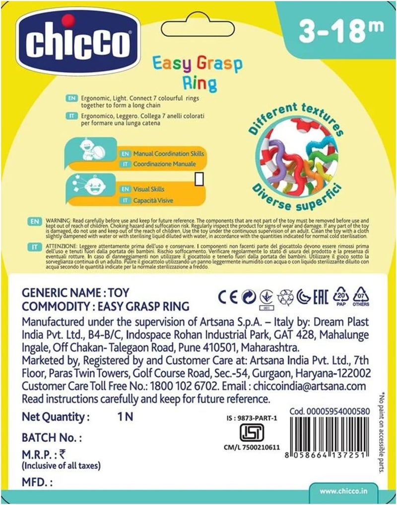 Chicco Baby Senses Easy Grasp Rings Rattle for Babies 3M-18M - Image 2