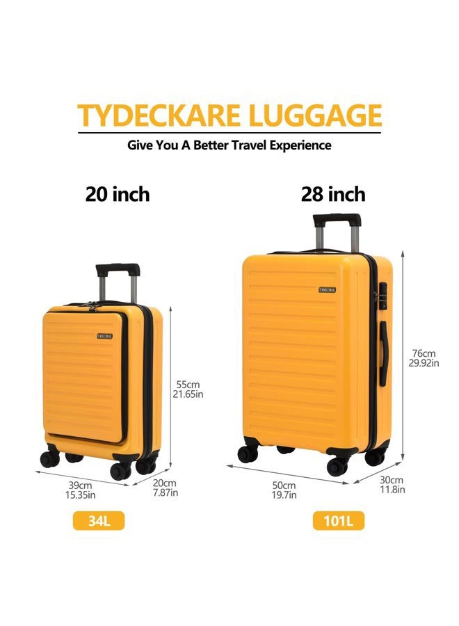 TydeCkare 2pcs 20/28" Luggage Set Lightweight HardShell, Only 20 Inch Carry On 21.65 * 15.35 * 7.87" Cabin Suitcase with Front Pocket, 28 Inch 19.68 * 11.81 * 29.92" Checked Luggage, Orange - Image 2