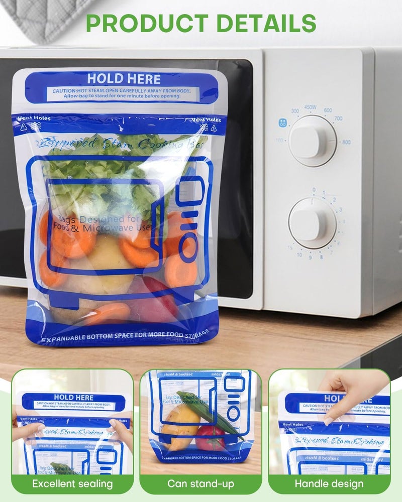 TAINESS 20 Pcs Microwave Steam Cooking Bags for Vegetables Microwave Steamer Bag with Stand-up Zipper Microwave Cooking Bags for Veggie Potatoes Meat Frozen Food Faster & Healthier - Image 3