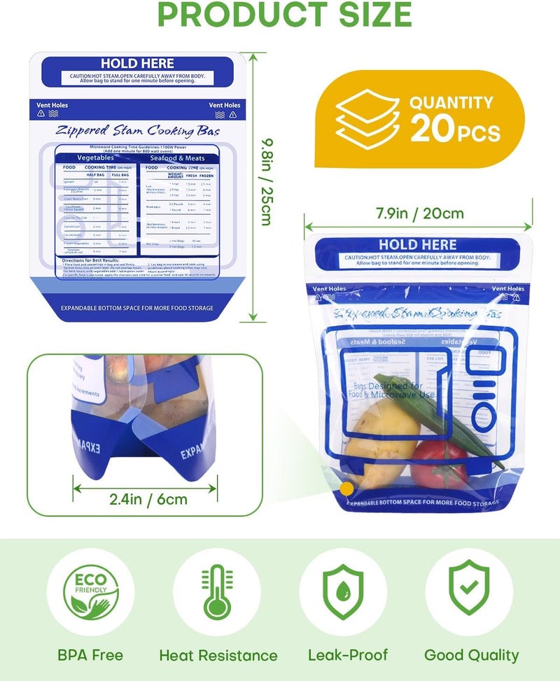 TAINESS 20 Pcs Microwave Steam Cooking Bags for Vegetables Microwave Steamer Bag with Stand-up Zipper Microwave Cooking Bags for Veggie Potatoes Meat Frozen Food Faster & Healthier - Image 2