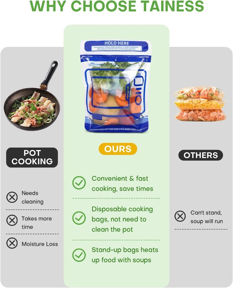 TAINESS 20 Pcs Microwave Steam Cooking Bags for Vegetables Microwave Steamer Bag with Stand-up Zipper Microwave Cooking Bags for Veggie Potatoes Meat Frozen Food Faster & Healthier - Image 4