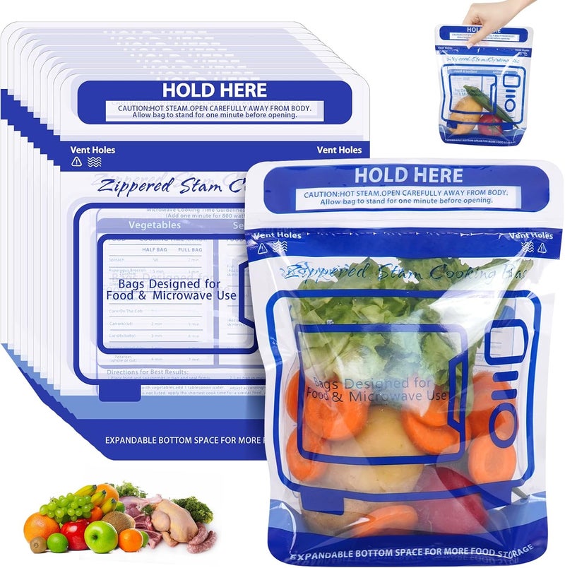 TAINESS 20 Pcs Microwave Steam Cooking Bags for Vegetables Microwave Steamer Bag with Stand-up Zipper Microwave Cooking Bags for Veggie Potatoes Meat Frozen Food Faster & Healthier - Image 1