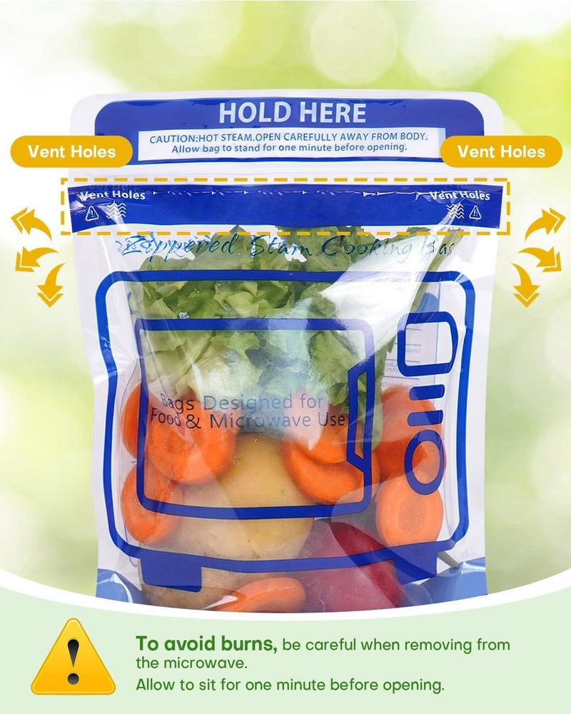 TAINESS 20 Pcs Microwave Steam Cooking Bags for Vegetables Microwave Steamer Bag with Stand-up Zipper Microwave Cooking Bags for Veggie Potatoes Meat Frozen Food Faster & Healthier - Image 5