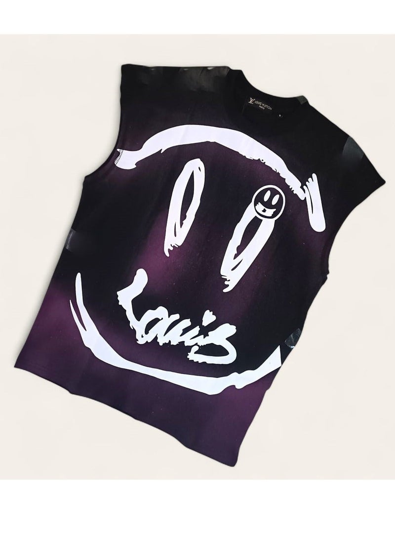 لويس فويتون تيشيرت رجالي بدون أكمام - تصميم عصري على شكل وجه مبتسم - قطن ناعم ومسامي لراحة يومية -  مقاس لارج - Image 3