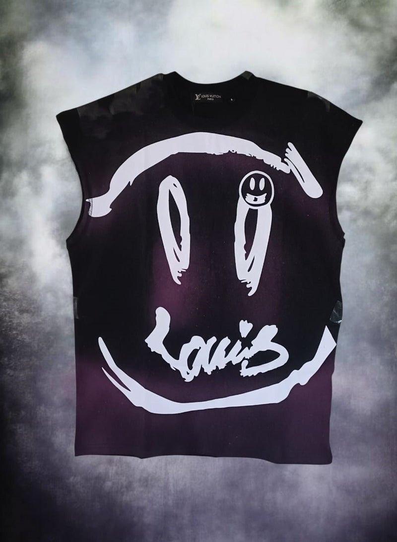 لويس فويتون تيشيرت رجالي بدون أكمام - تصميم عصري على شكل وجه مبتسم - قطن ناعم ومسامي لراحة يومية -  مقاس لارج - Image 2