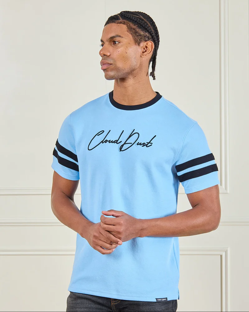 Redtag Men Blue Pique Printed T-Shirt