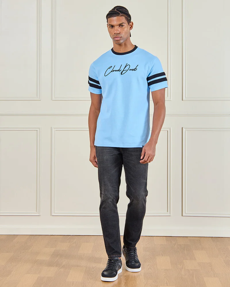 Redtag Men Blue Pique Printed T-Shirt