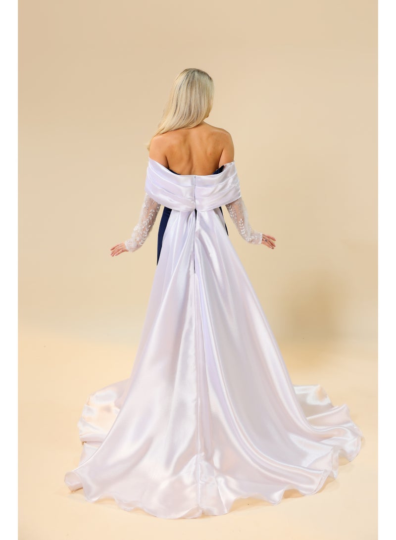 Off-Shoulder Evening Gown with Embroidered Sleeves and Draped Train – Elegant Formal Dress  - Image 4