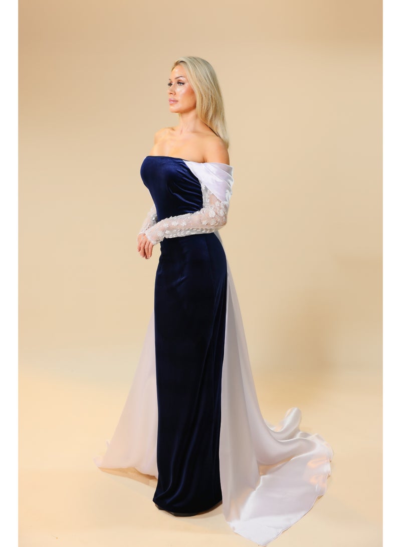 Off-Shoulder Evening Gown with Embroidered Sleeves and Draped Train – Elegant Formal Dress  - Image 1