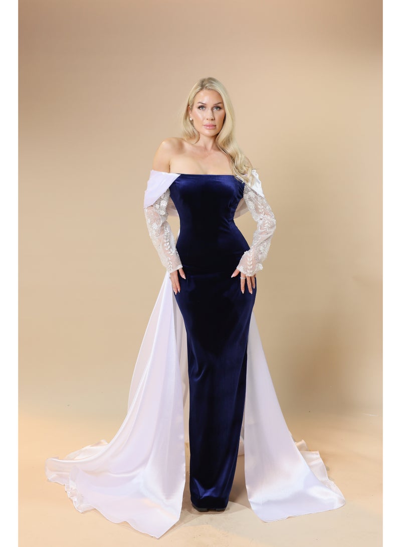 FAIZ COUTURE Off-Shoulder Evening Gown with Embroidered Sleeves and Draped Train – Elegant Formal Dress - Image 1