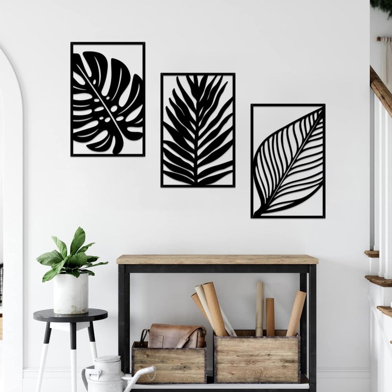 Resama 3 Pcs Boho Metal Wall Art Decor Leaf Sign Wall Vintage Tropical Plant Wall Rustic Palm Leaf Metal Wall Sculpture for Living room Bathroom Bedroom Office - Image 1