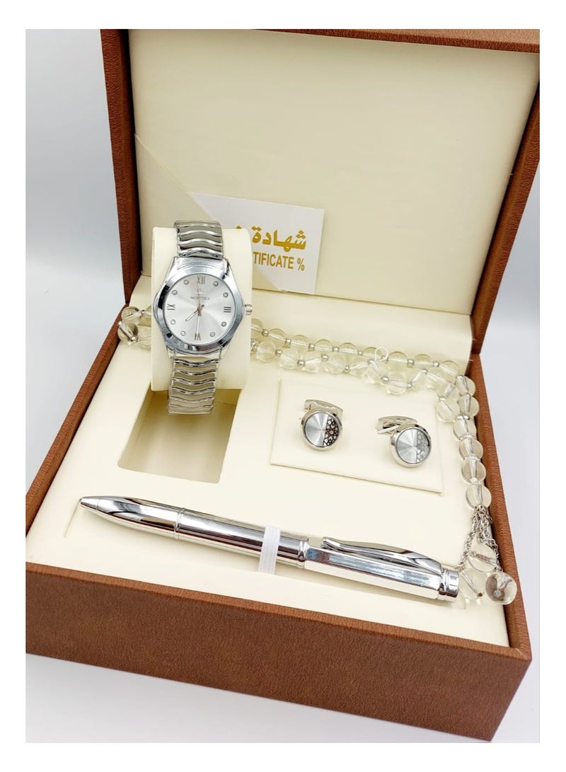 مونتيرا طقم رجالي مكون من ٤ قطع ساعة وقلم وكبك وسبحه