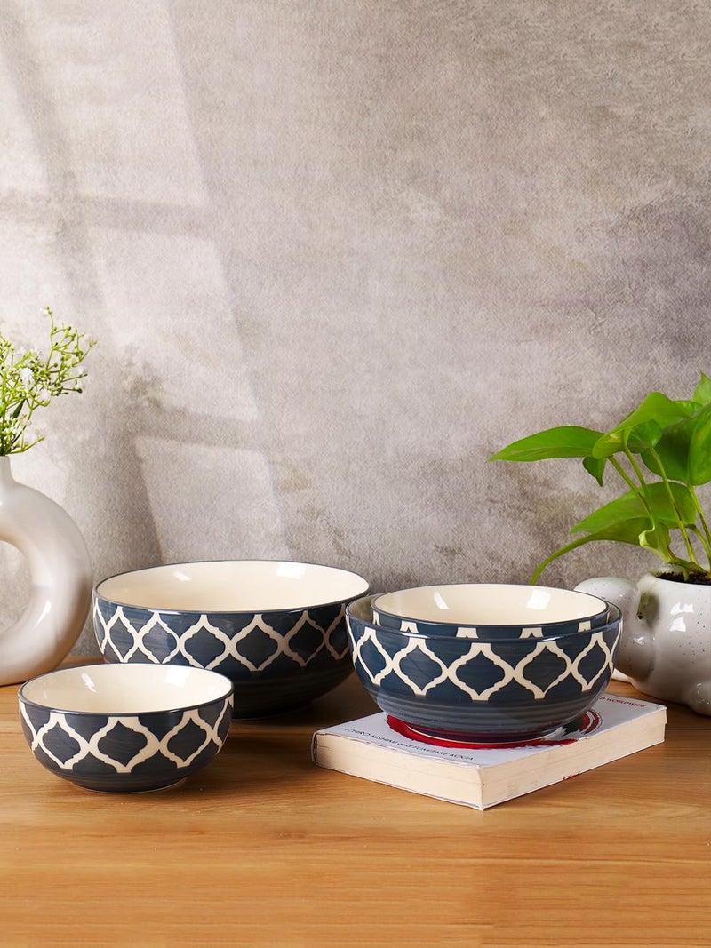 Niyara Stoneware Handmade Ceramic Stylish Premium Serving Bowls/Salad Tray Microwave Dishwasher Safe Set of 4 (Grey Moroccan) - Image 1
