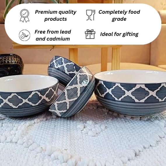 Niyara Stoneware Handmade Ceramic Stylish Premium Serving Bowls/Salad Tray Microwave Dishwasher Safe Set of 4 (Grey Moroccan) - Image 4
