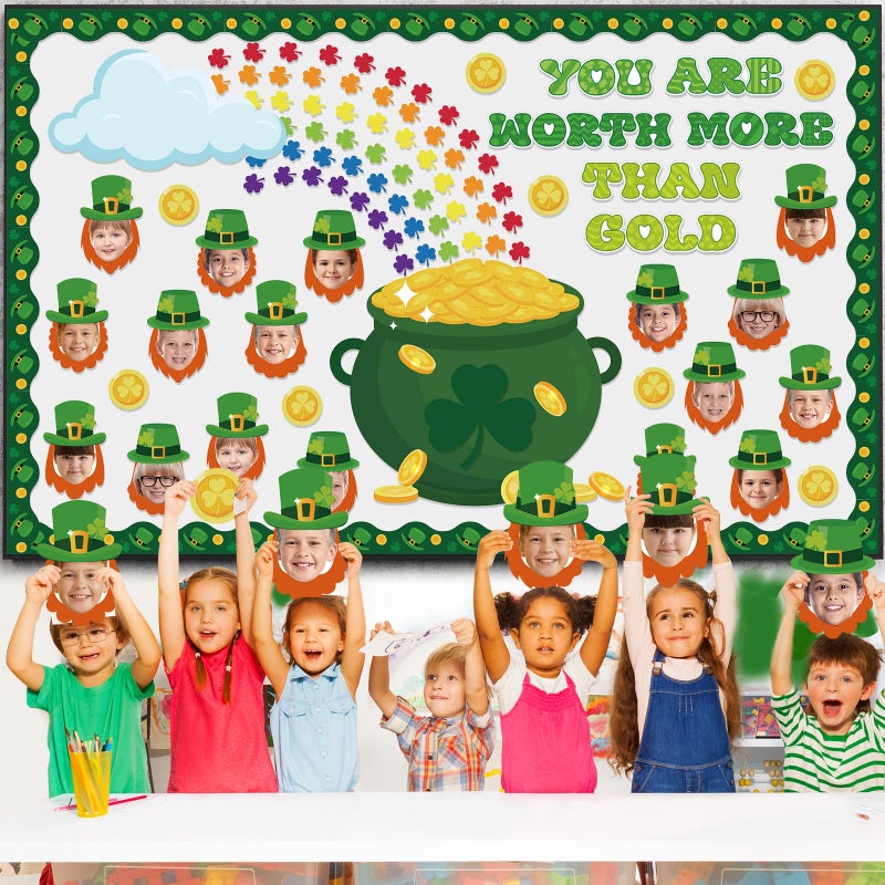 Jectivs 79Pcs St. Patrickâ€™s Day Bulletin Board Set Classroom Door Decorations,Lucky Shamrock Green Paper Cutouts Irish Clover Photo Poster Classroom Wall Decor for Teacher Student School Office Home Supplies - Image 5
