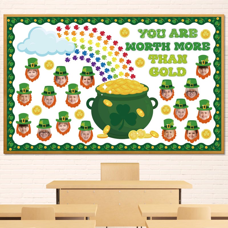 Jectivs 79Pcs St. Patrickâ€™s Day Bulletin Board Set Classroom Door Decorations,Lucky Shamrock Green Paper Cutouts Irish Clover Photo Poster Classroom Wall Decor for Teacher Student School Office Home Supplies - Image 1